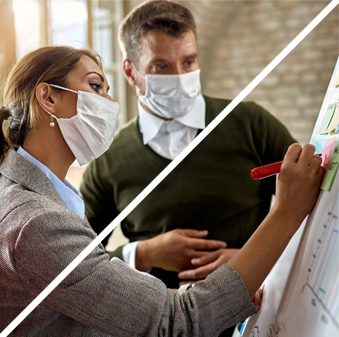 Man and woman in masks doing cell and gene therapy commercialization services